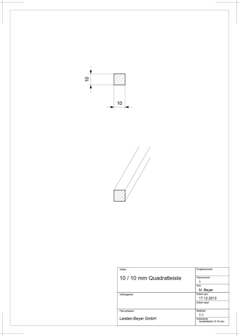 10 mm x 10 mm Quadratleiste (Zeichnung)