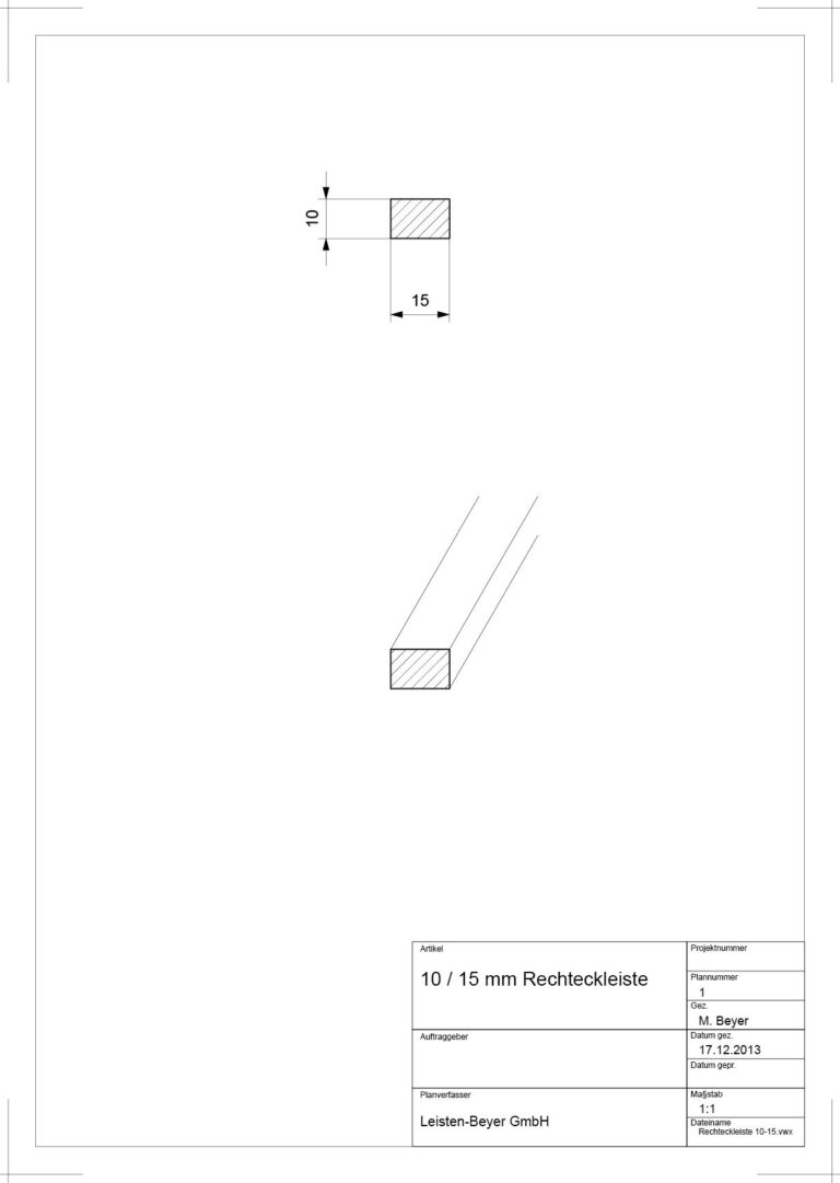 10 mm x 15 mm Rechteckleiste (Zeichnung)
