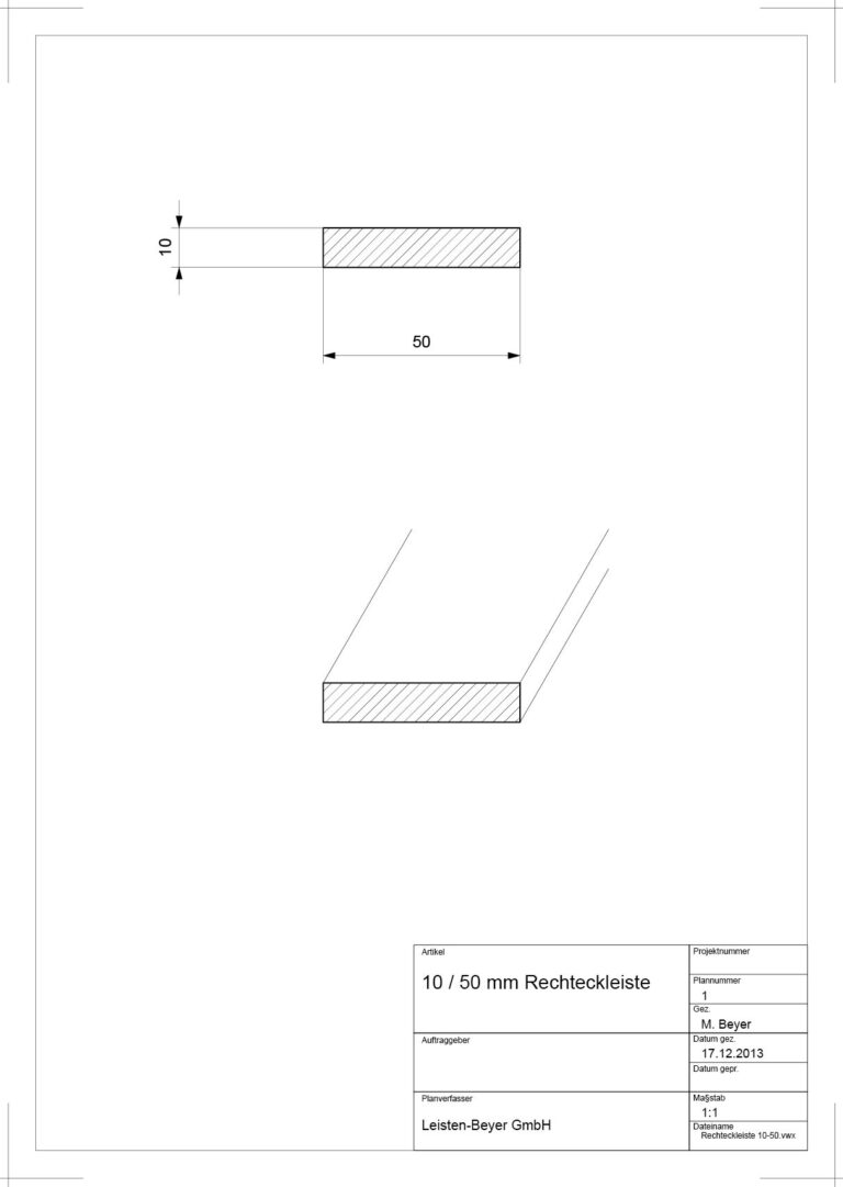 10 mm x 50 mm Rechteckleiste (Zeichnung)