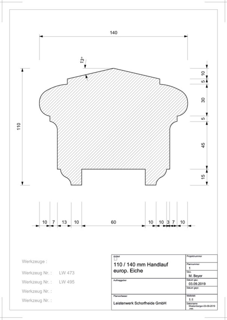 110 mm x 140 mm Handlauf Eiche Typ H 59 (Zeichnung)