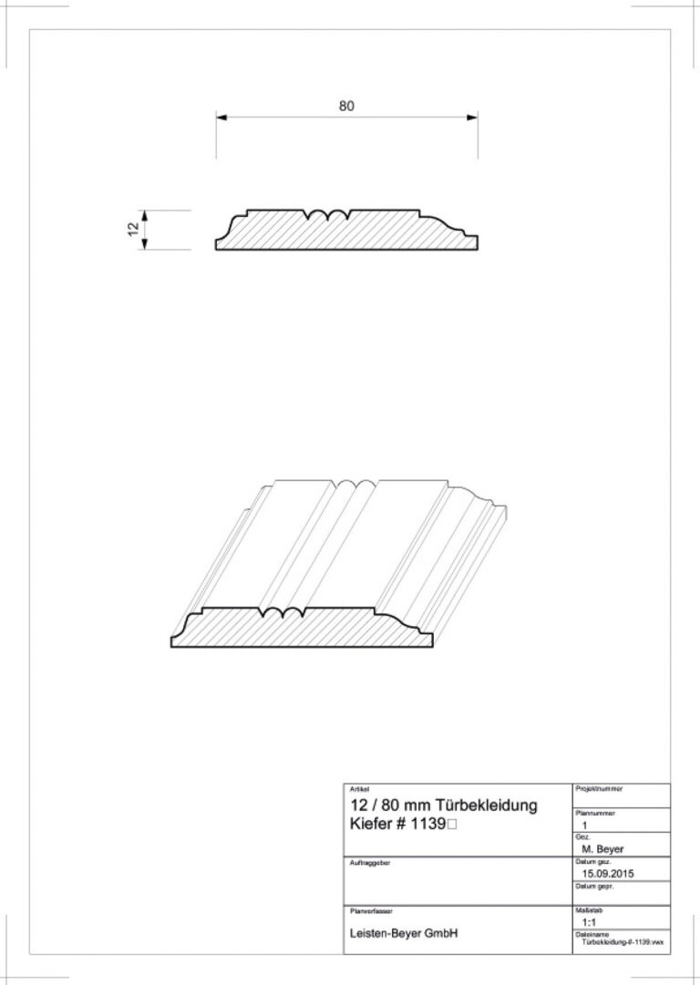 12 mm x 080 mm Türbekleidung Kiefer # 1139 (Zeichnung)