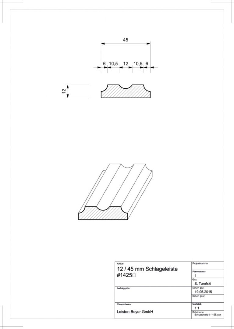 12 mm x 45 mm Schlageleiste # 1425 (Zeichnung)