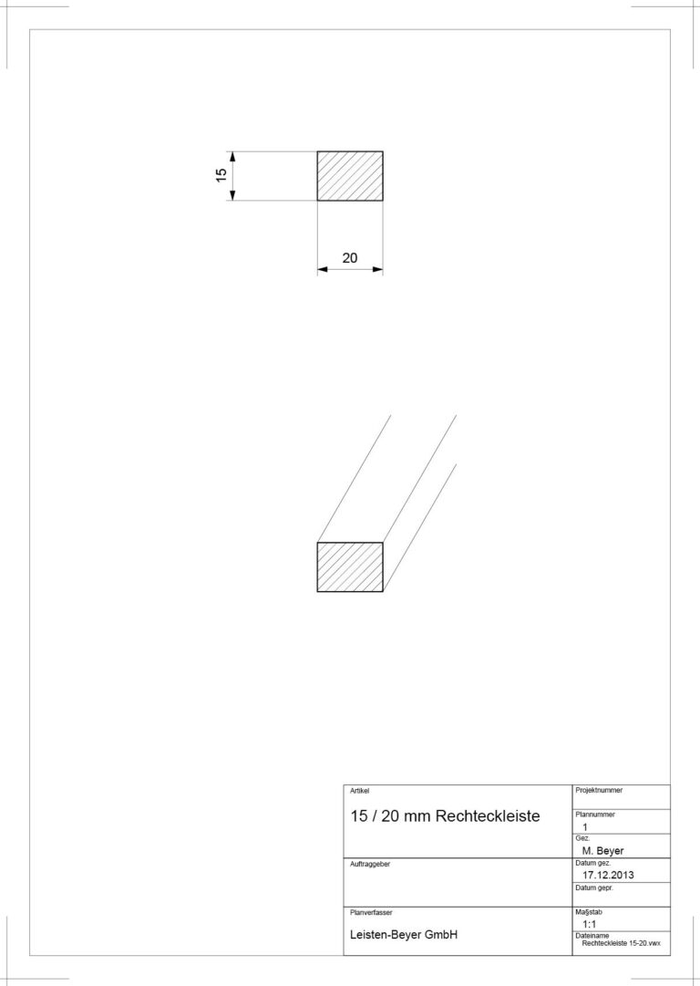 15 mm x 20 mm Rechteckleiste (Zeichnung)