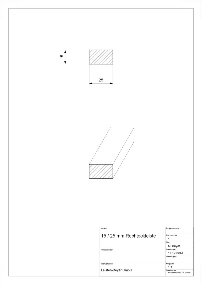 15 mm x 25 mm Rechteckleiste (Zeichnung)