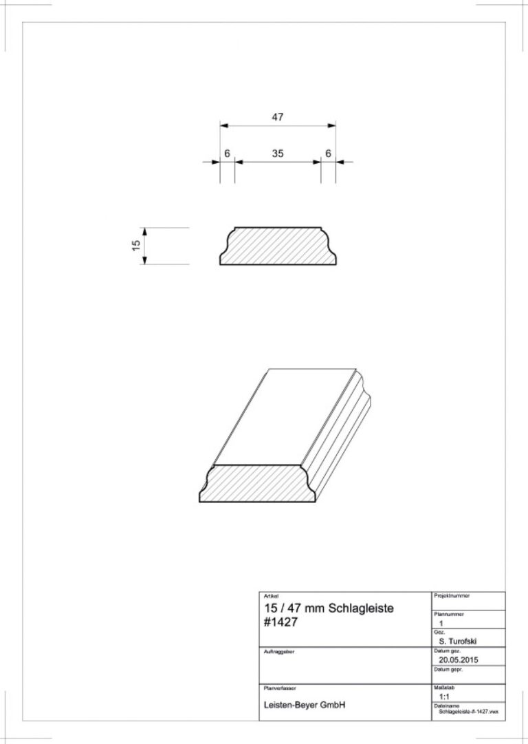 15 mm x 47 mm Schlageleiste # 1427 (Zeichnung)