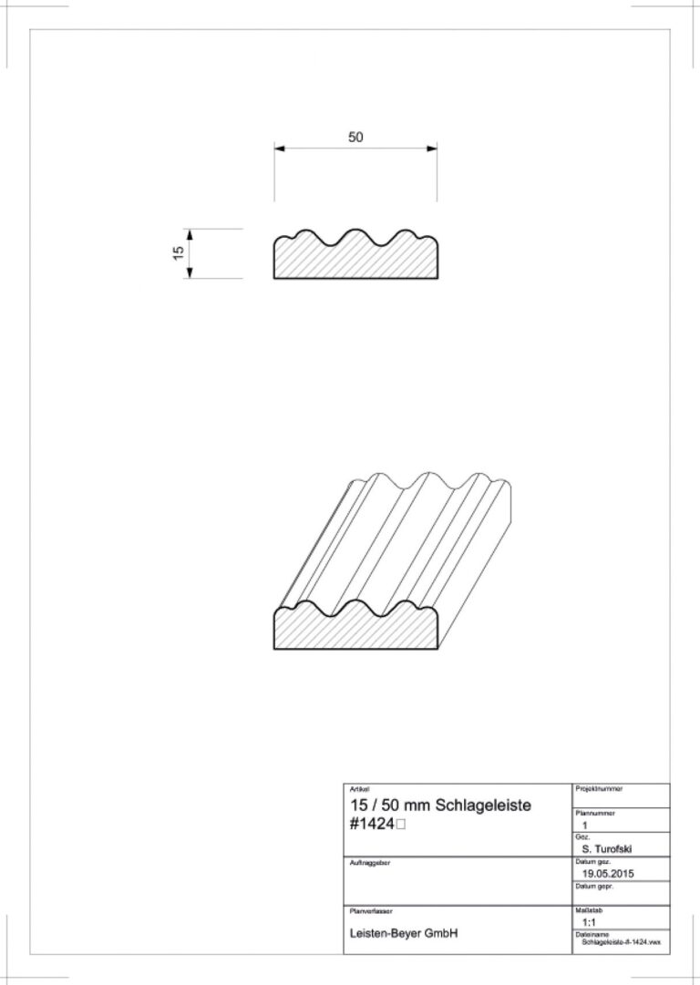 15 mm x 50 mm Schlageleiste # 1424 (Zeichnung)