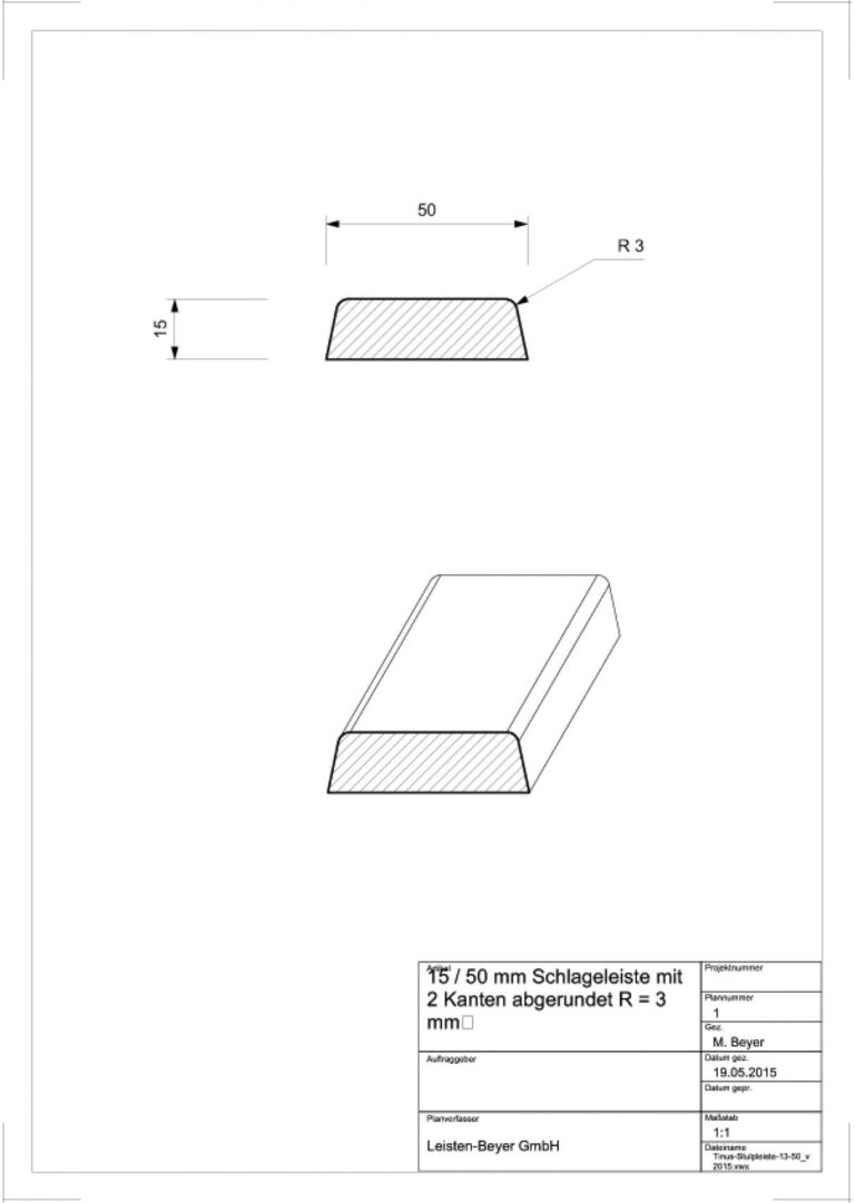 15 mm x 50 mm Schlageleiste # 1430 (Zeichnung)