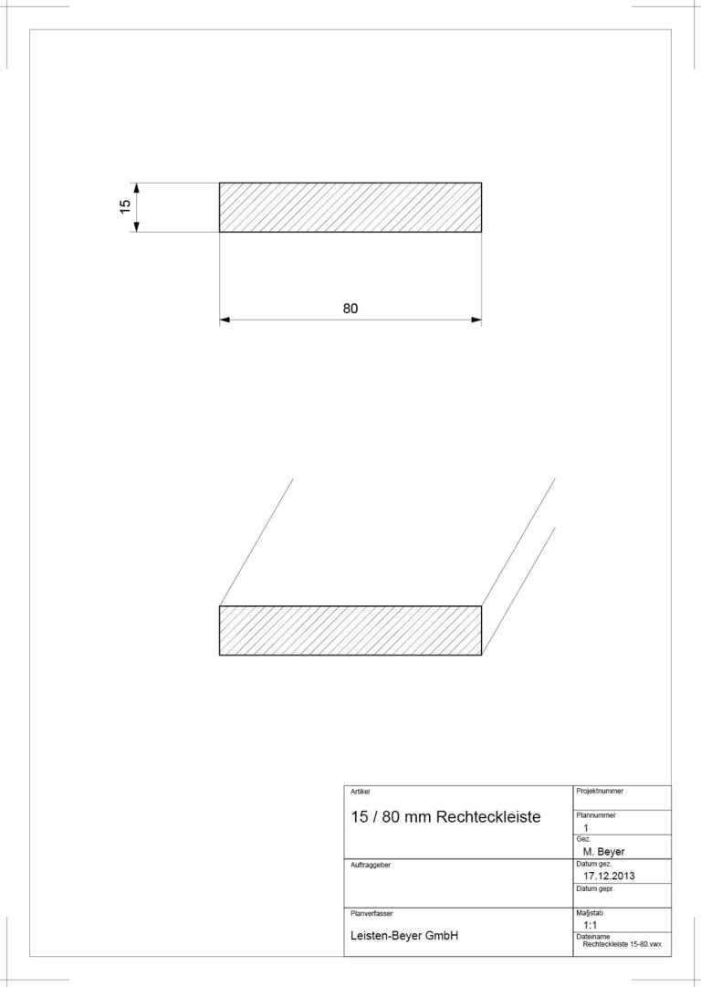 15 mm x 80 mm Rechteckleiste (Zeichnung)