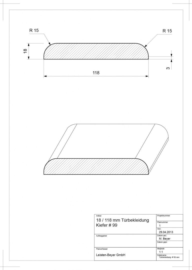 18 mm x 118 mm Türbekleidung Kiefer # 99 (Zeichnung)