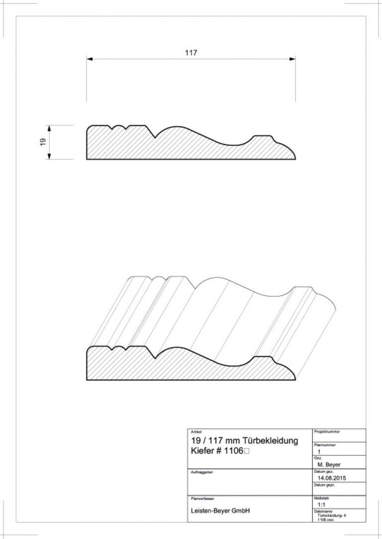 19 mm x 117 mm Türbekleidung Kiefer # 1106 (Zeichnung)