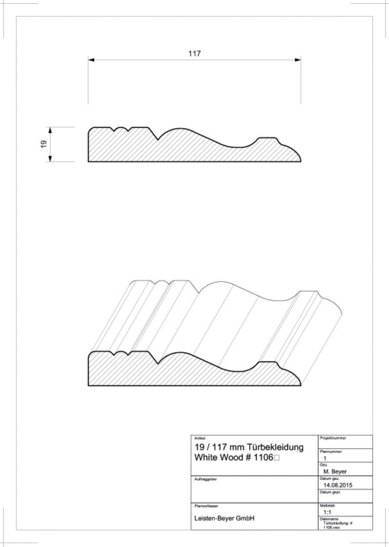 19 mm x 117 mm Türbekleidung White Wood # 1106 (Zeichnung)