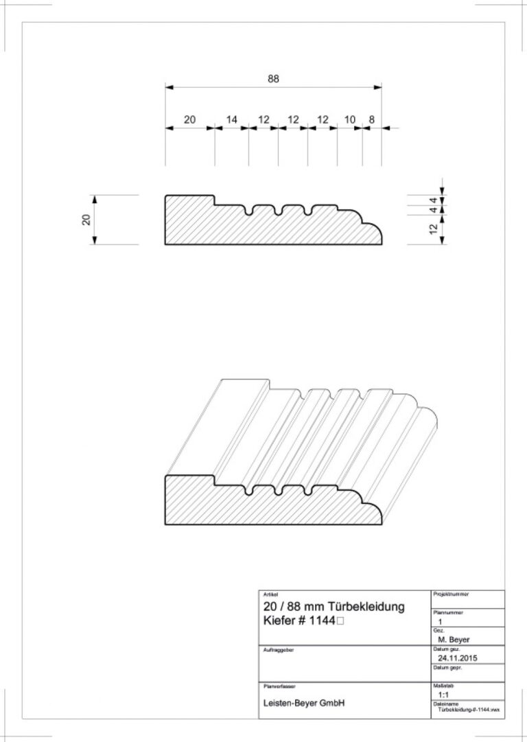 20 mm x 088 mm Türbekleidung Kiefer # 1144 (Zeichnung)