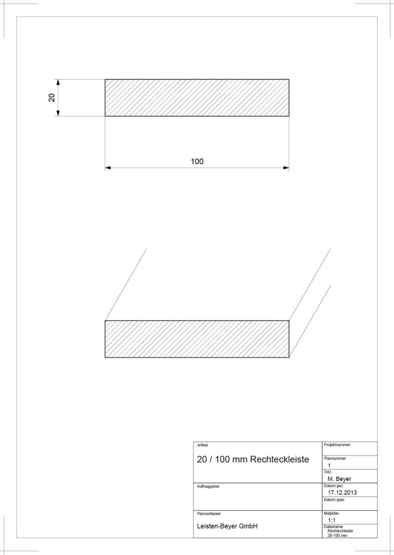 20 mm x 100 mm Rechteckleiste (Zeichnung)