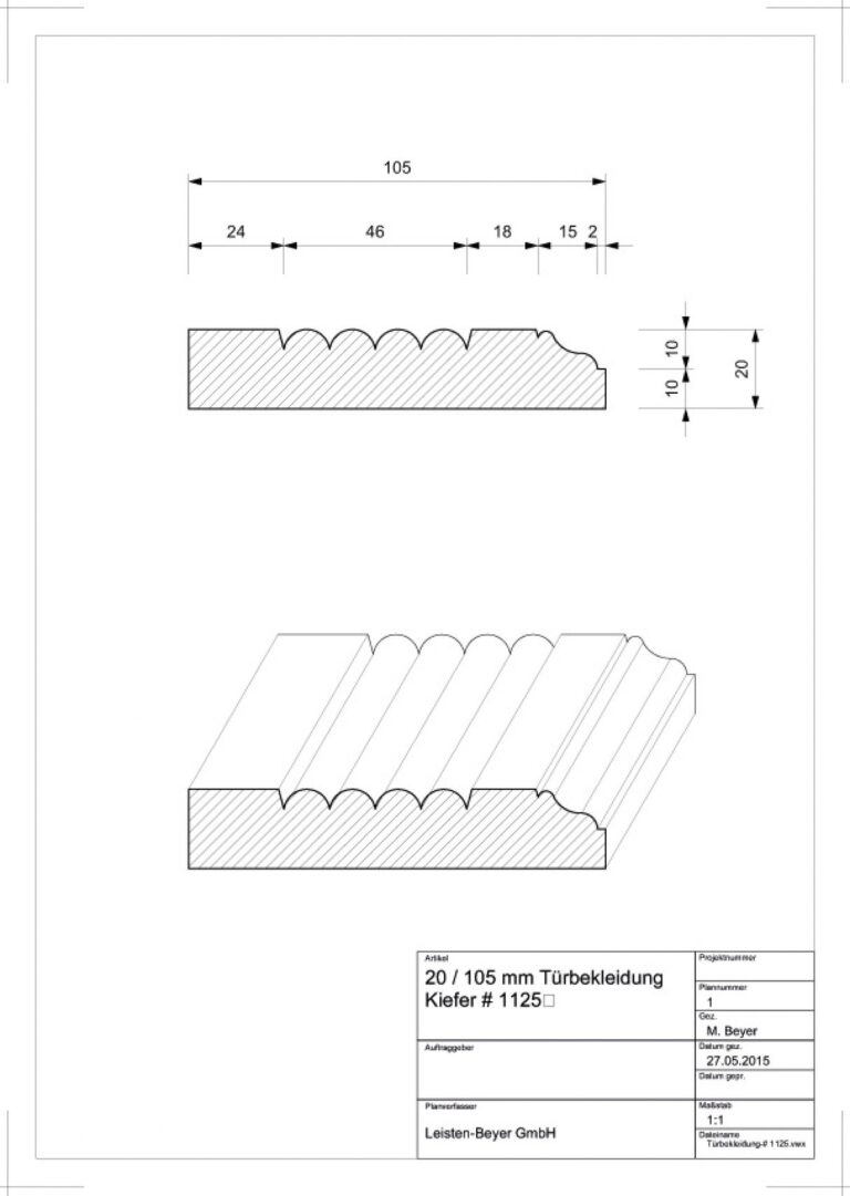 20 mm x 105 mm Türbekleidung Kiefer # 1125 (Zeichnung)