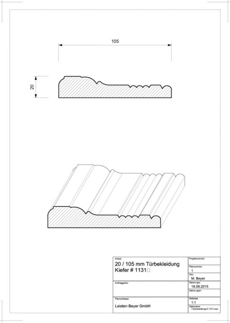 20 mm x 105 mm Türbekleidung Kiefer # 1131 (Zeichnung)