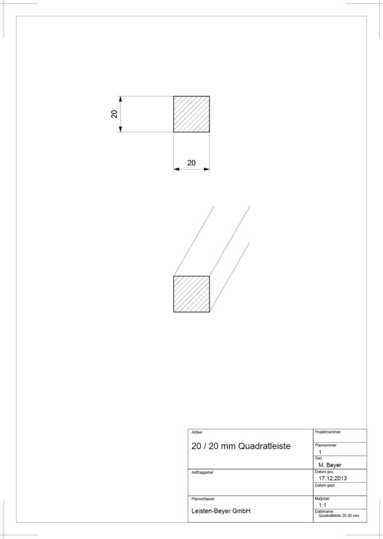 20 mm x 20 mm Quadratleiste (Zeichnung)