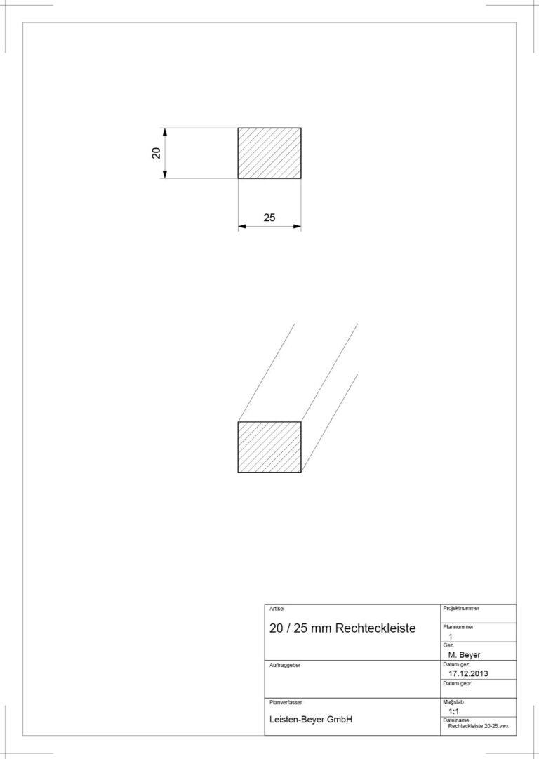 20 mm x 25 mm Rechteckleiste (Zeichnung)