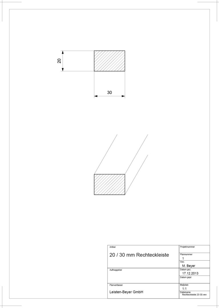 20 mm x 30 mm Rechteckleiste (Zeichnung)