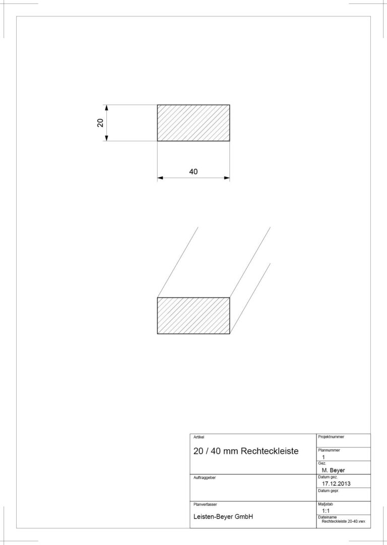 20 mm x 40 mm Rechteckleiste (Zeichnung)