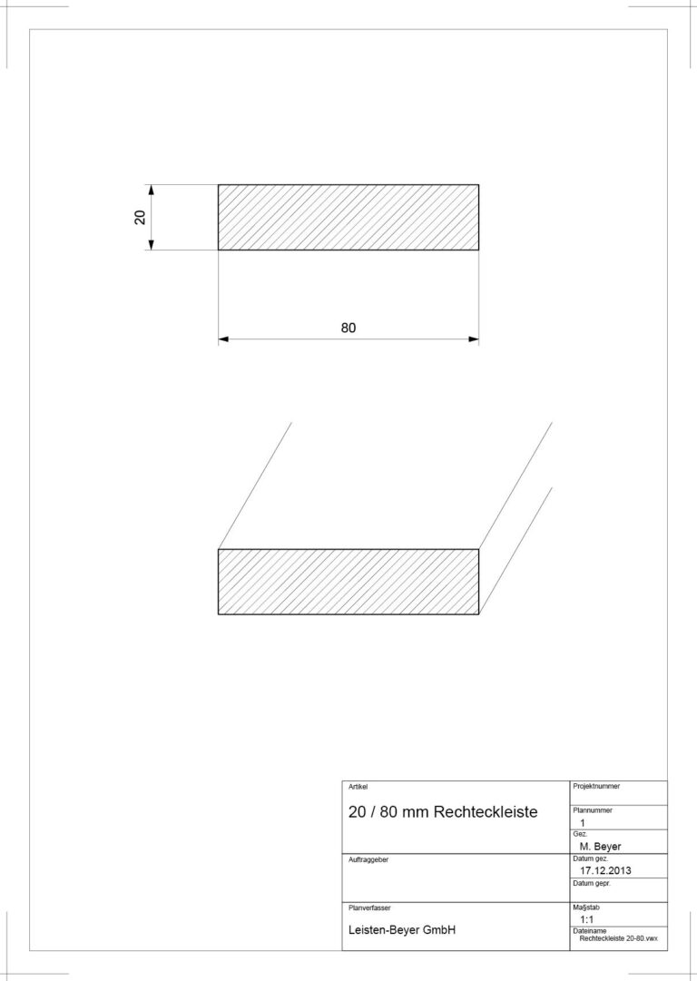 20 mm x 80 mm Rechteckleiste (Zeichnung)