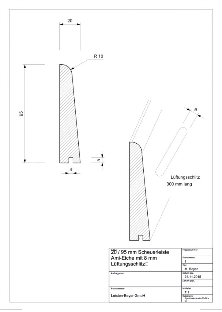 20 mm x 95 mm Sportbodenleiste Eiche mit 8 mm Lüftungsschlitz (Zeichnung)