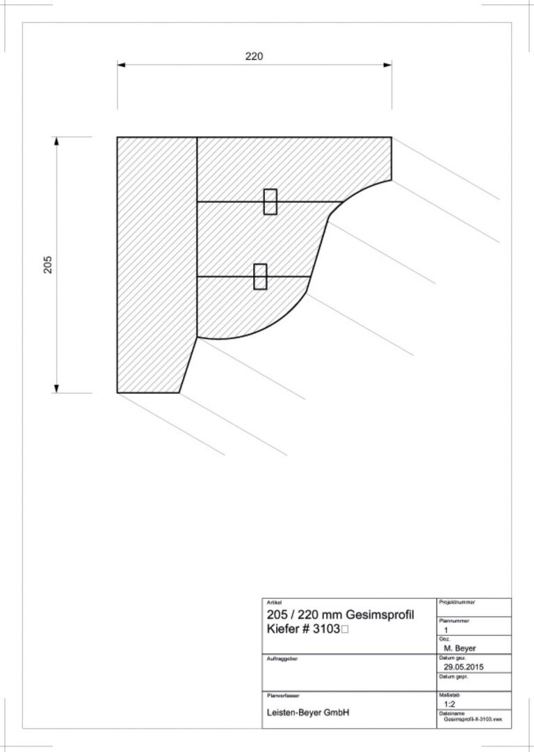 205 mm x 220 mm Gesimsprofil Kiefer # 3103 (Zeichnung)