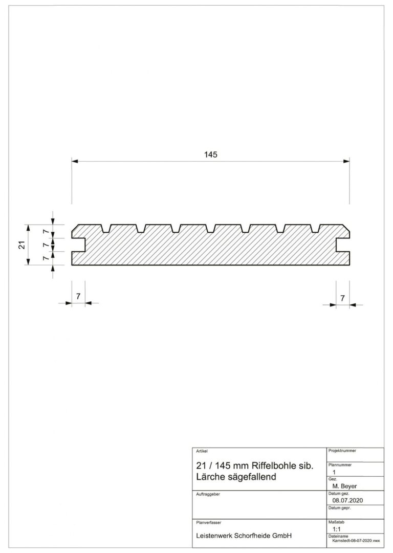 21 mm x 145 mm Riffelbohle Lärche # 1511 (Zeichnung)