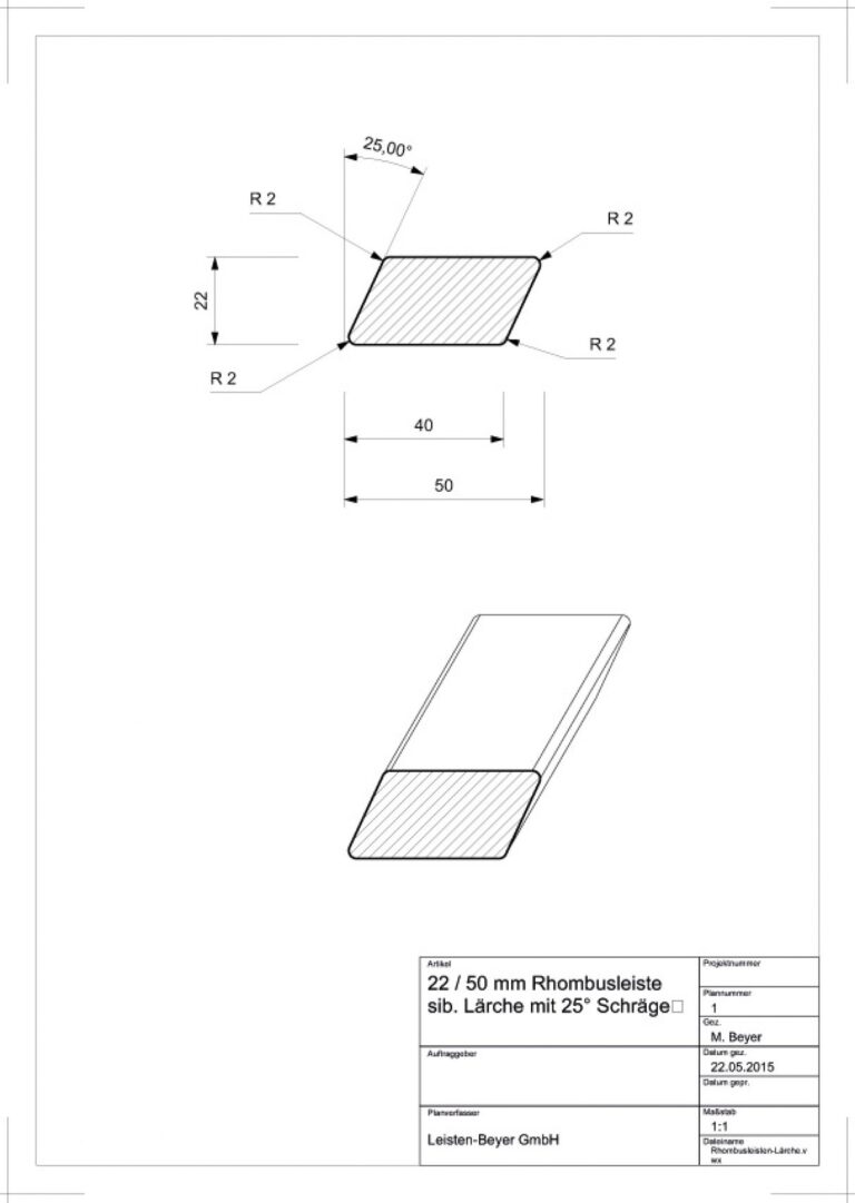 22 mm x 50 mm Rhombusleiste Lärche # 1485 (Zeichnung)