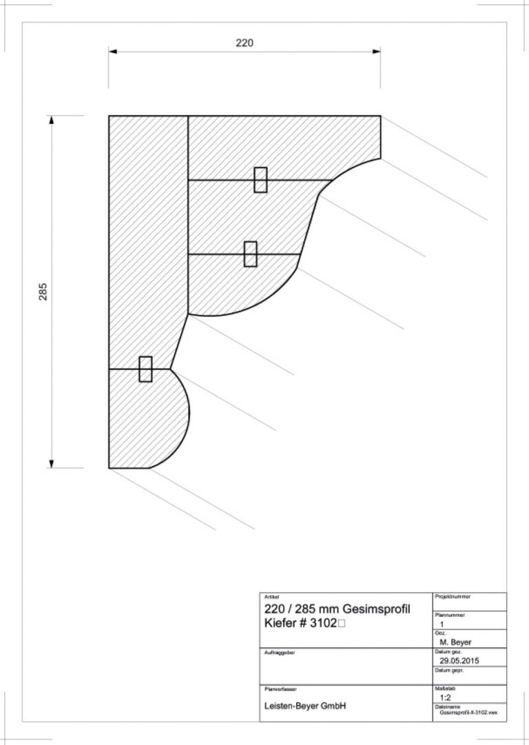 220 mm x 285 mm Gesimsprofil Kiefer # 3102 (Zeichnung)