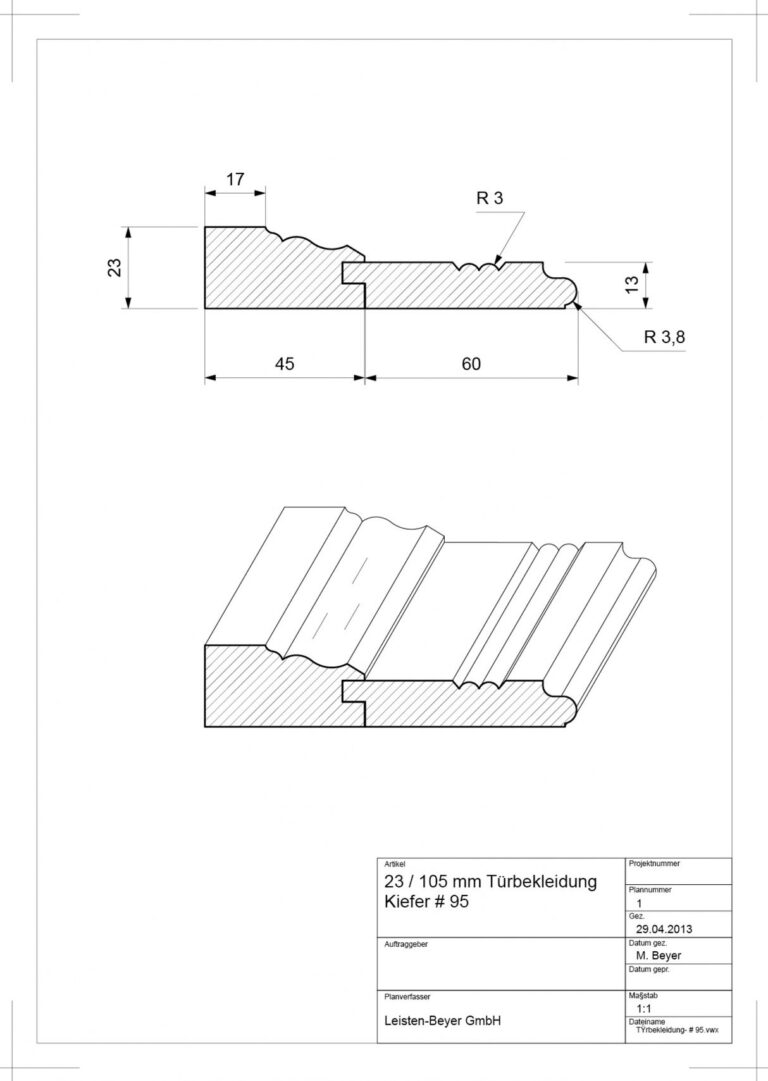 23 mm x 105 mm Türbekleidung Kiefer # 95 (Zeichnung)