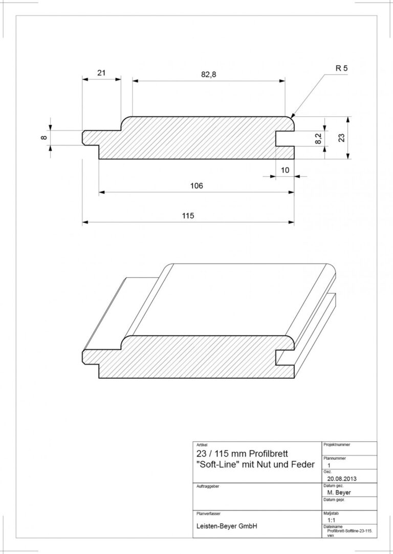 23 mm x 115 mm Profilbrett Kiefer Soft Line (Zeichnung)