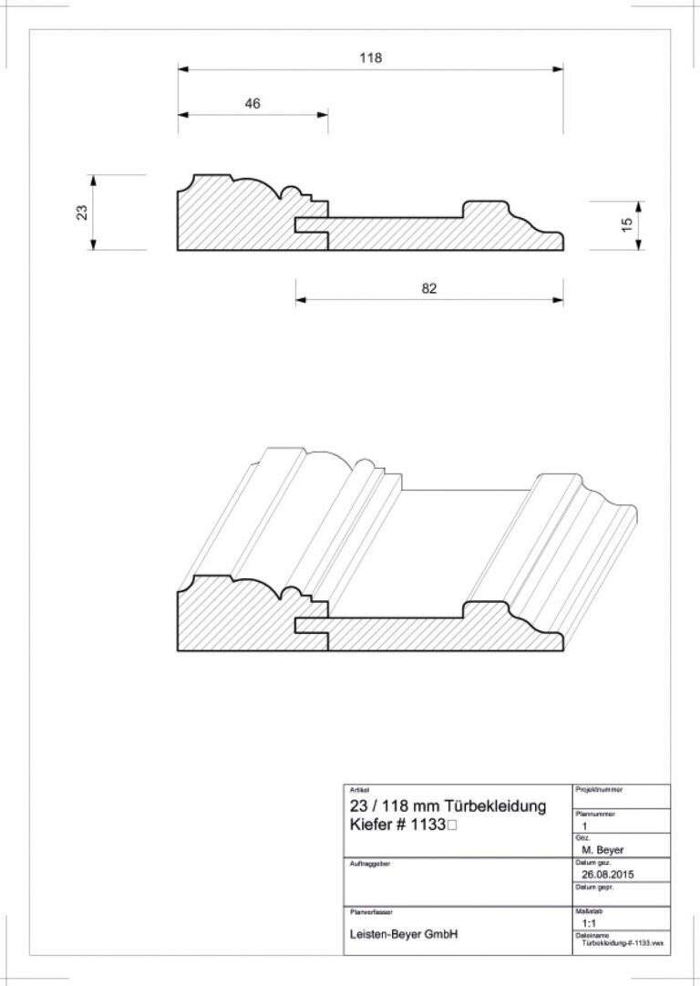 23 mm x 118 mm Türbekleidung Kiefer # 1133 (Zeichnung)