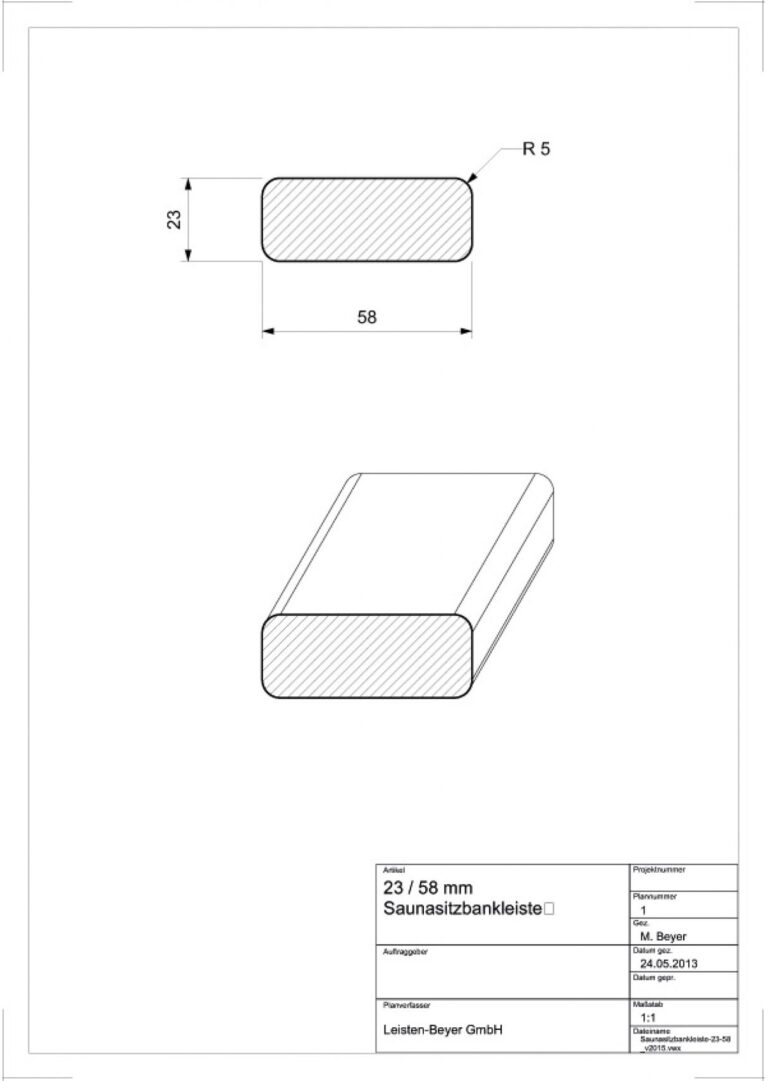 23 mm x 58 mm Sauna-Sitzbankleiste Wawa/Abachi # 1552 (Zeichnung)