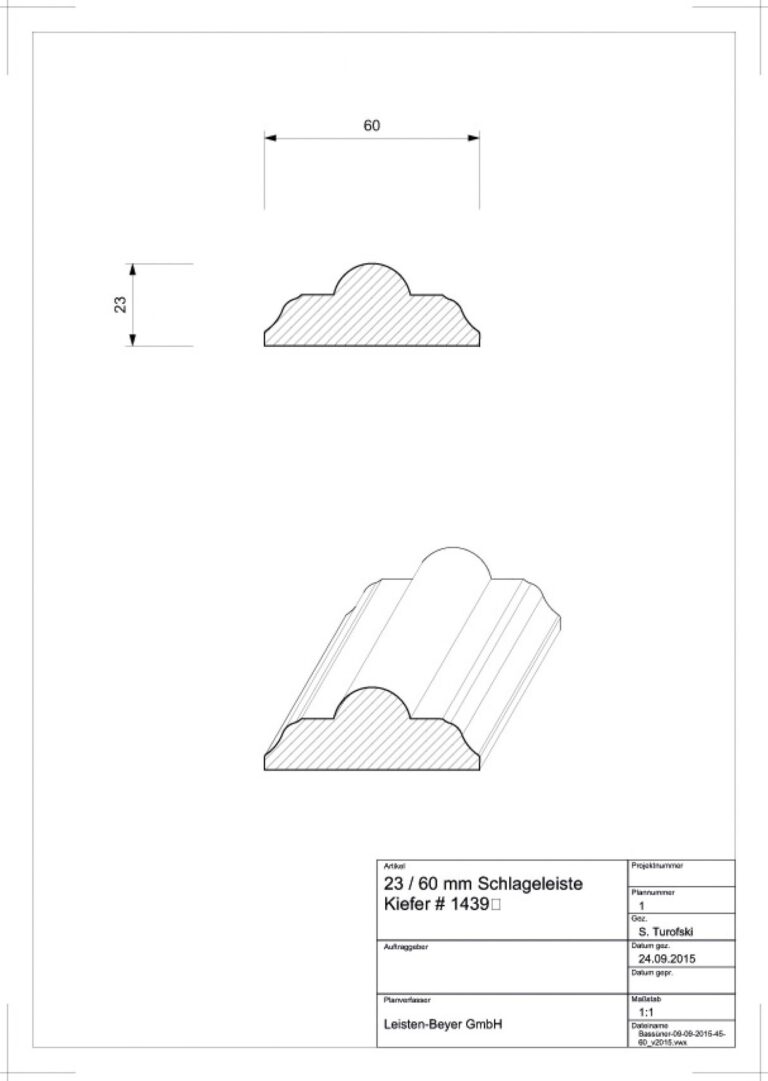 23 mm x 60 mm Schlageleiste Kiefer # 1439 (Zeichnung)