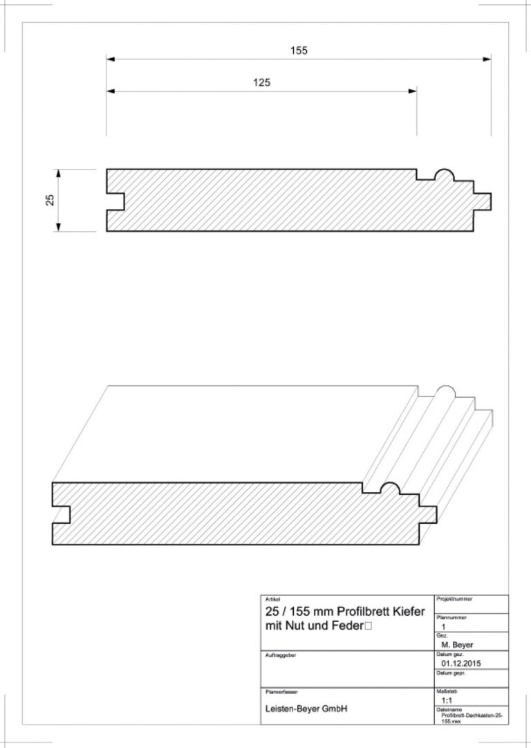 25 mm x 155 mm Profilbrett Kiefer (Zeichnung)