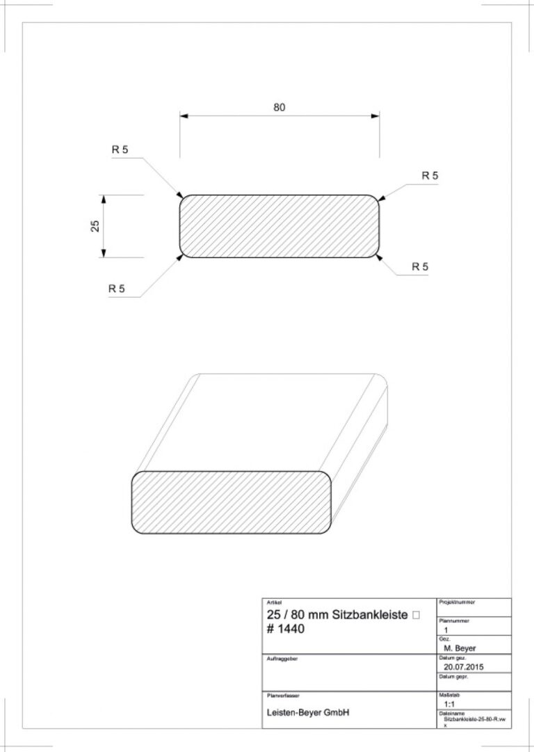25 mm x 80 mm Sitzbankleiste Kiefer # 1440 (Zeichnung)