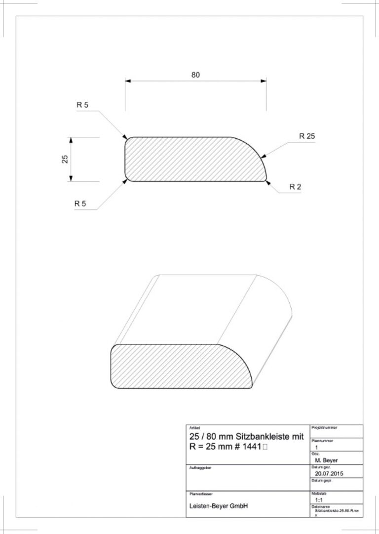 25 mm x 80 mm Sitzbankleiste Kiefer # 1441 (Zeichnung)