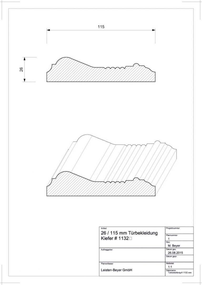 26 mm x 115 mm Türbekleidung Kiefer # 1132 (Zeichnung)