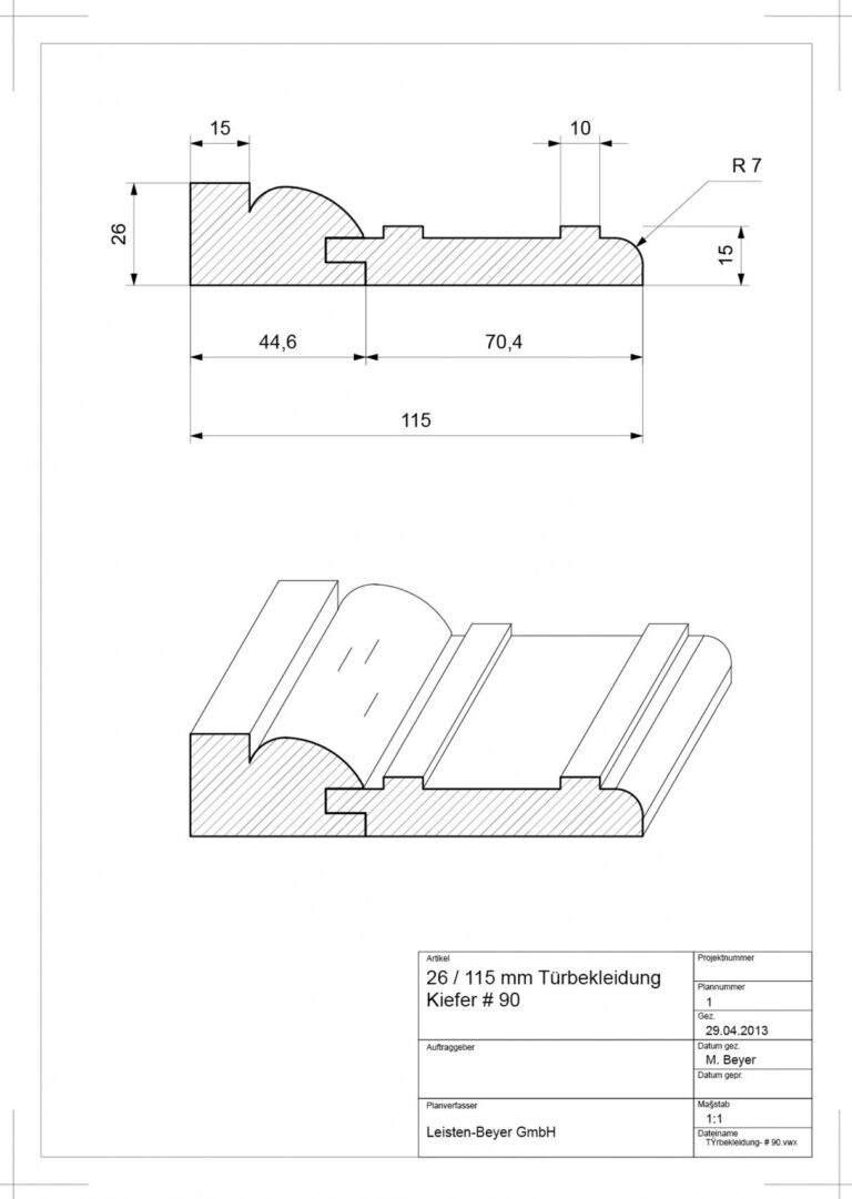 26 mm x 115 mm Türbekleidung Kiefer # 90 (Zeichnung)