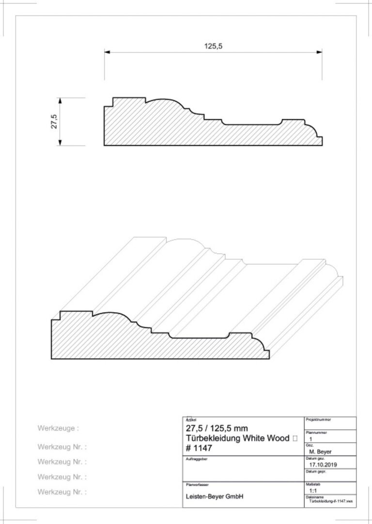 27,5 mm x 125,5 mm Türbekleidung White Wood # 1147 (Zeichnung)