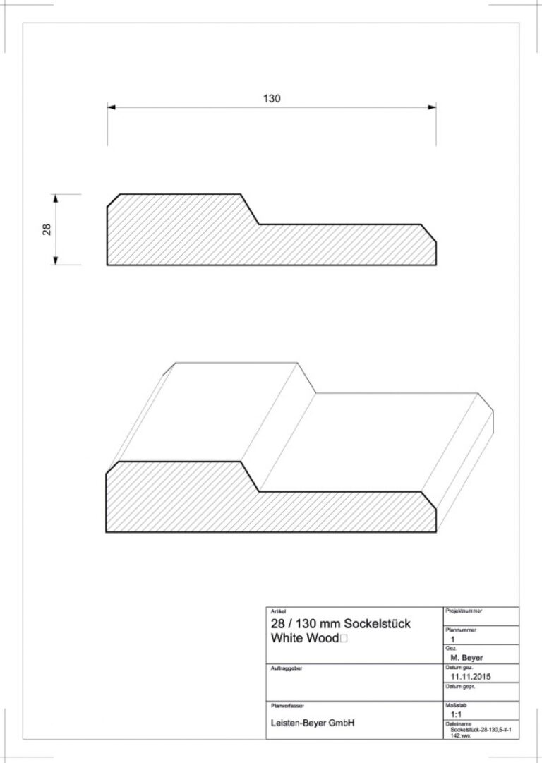 28 mm x 130 mm Türbekleidung Sockelstück White Wood (Zeichnung)