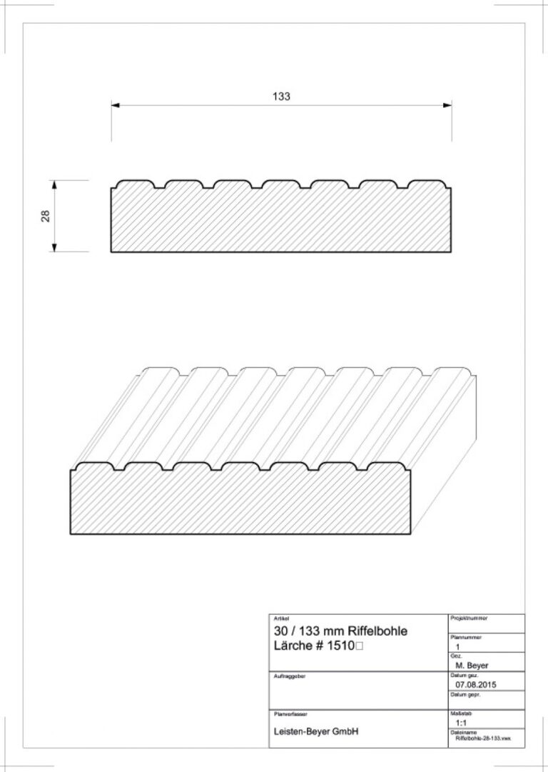 28 mm x 133 mm Riffelbohle Lärche # 1510 (Zeichnung)