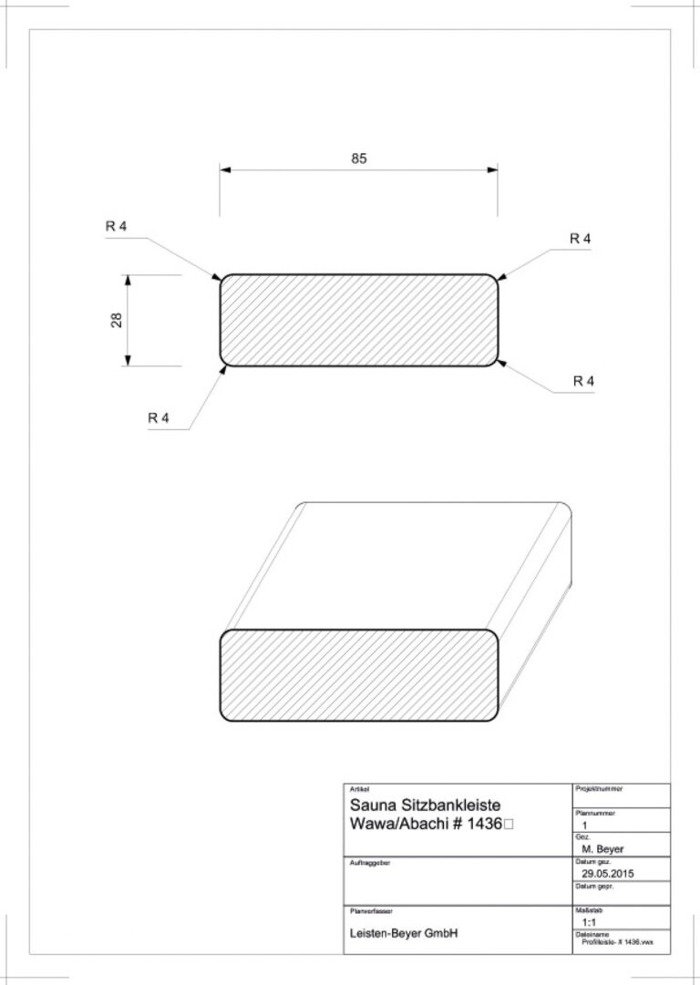 28 mm x 85 mm Sauna-Sitzbankleiste Wawa/Abachi # 1436 Zeichnung