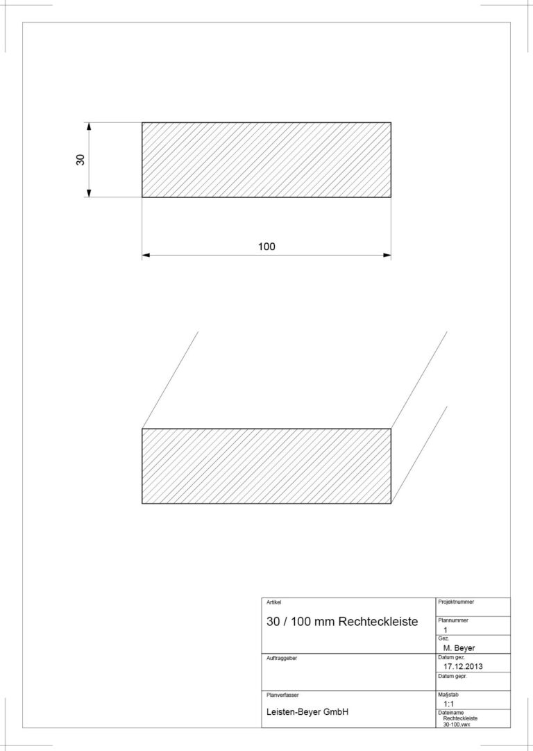 30 mm x 100 mm Rechteckleiste (Zeichnung)