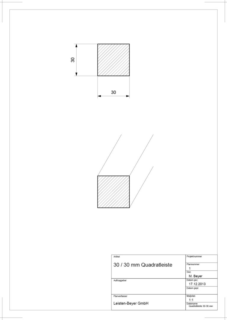 30 mm x 30 mm Quadratleiste (Zeichnung)