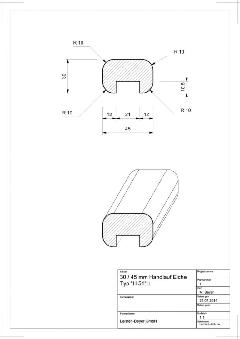 30 mm x 45 mm Handlauf Eiche Typ H 51 (Zeichnung)