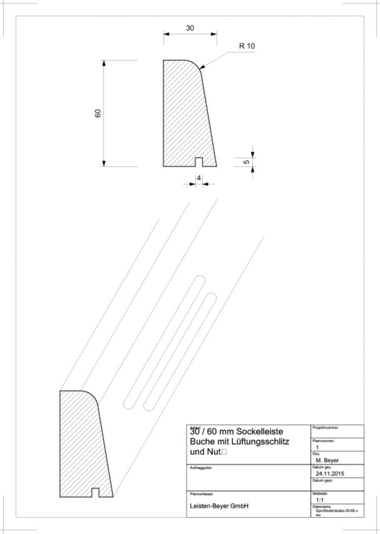 30 mm x 60 mm Sportbodenleiste Buche mit Lüftungsschlitz und Nut (Zeichnung)