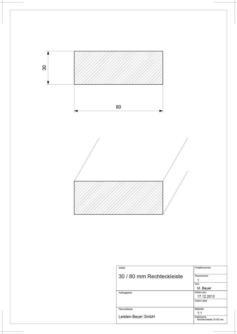 30 mm x 80 mm Rechteckleiste (Zeichnung)