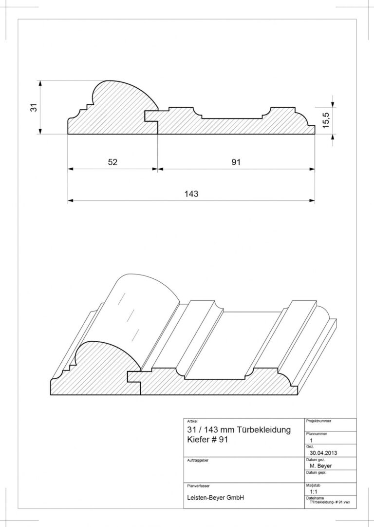 31 mm x 143 mm Türbekleidung Kiefer # 91 (Zeichnung)