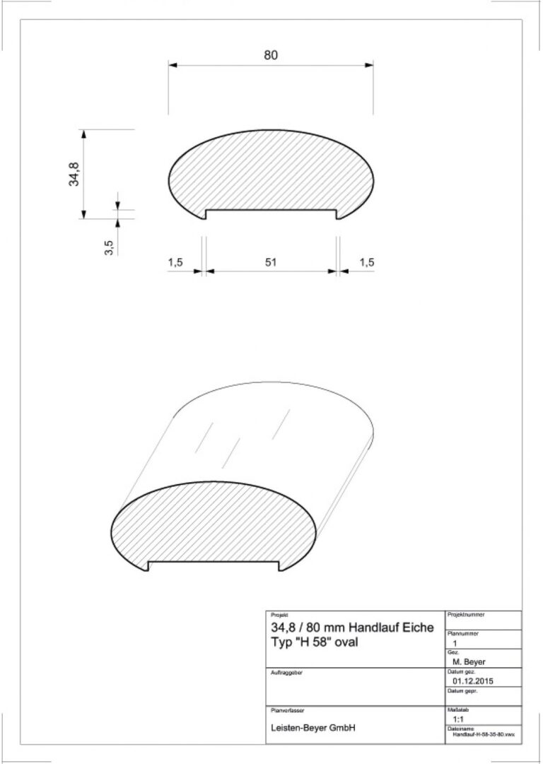 34,8 mm x 80 mm Handlauf Eiche Typ H 58 (Zeichnung)